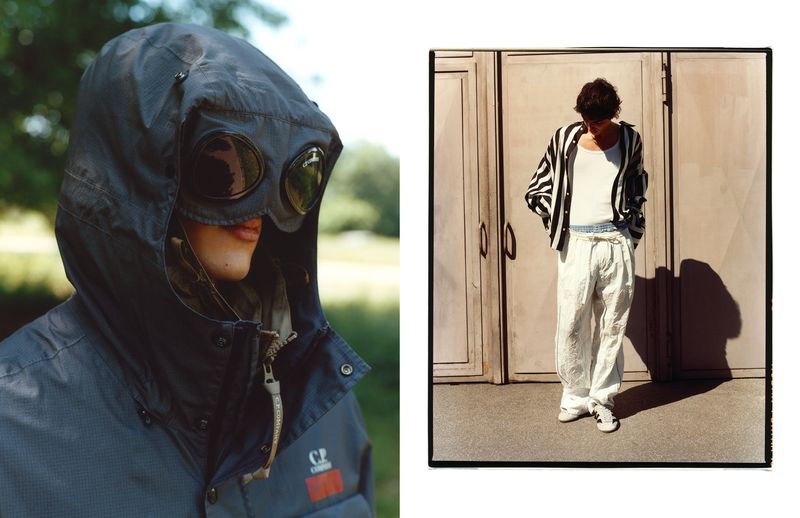 Diptych featuring Christian Mammana in a hooded goggle jacket and an open striped shirt with white trousers for Schön Magazine.