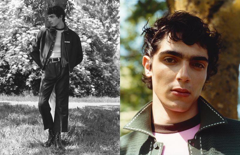 Diptych portrait of Christian Mammana outdoors featuring a black and white full-length shot and a color close-up in a stitched jacket.