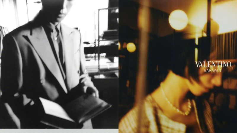 Diptych of a man reading a book in black and white alongside a woman in warm light for the Valentino Garavani campaign.