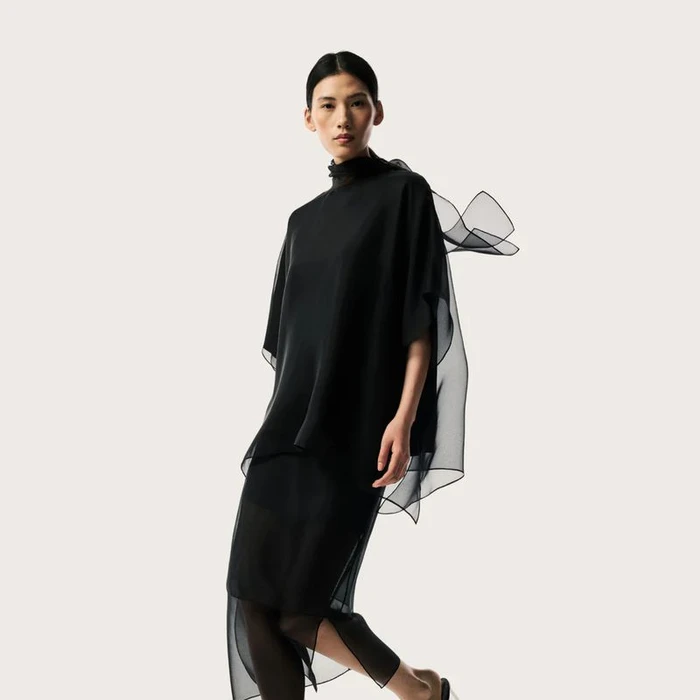 Model Jiayun Xie wearing a layered sheer black high-neck outfit against a plain off-white studio background.