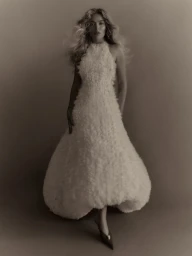 Karol G posing in a voluminous textured halter gown with a bubble hem and pointed heels against a studio backdrop.