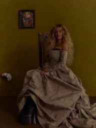 Karol G seated in a wooden high-back chair wearing an off-the-shoulder patterned ballgown against an olive green wall.