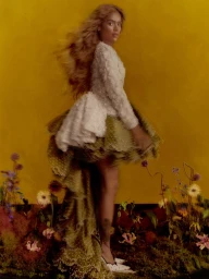 Karol G wearing a white textured top and ruffled olive green skirt standing amid flowers against a yellow backdrop.