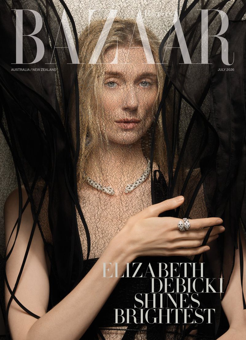 Elizabeth Debicki on the cover of Harper's Bazaar Australia wearing fine jewellery and a sheer black textured veil.