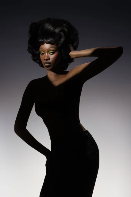 Portrait of an African-American woman in a black dress with dramatic lighting and a large hairstyle, posing in front of a studio backdrop.