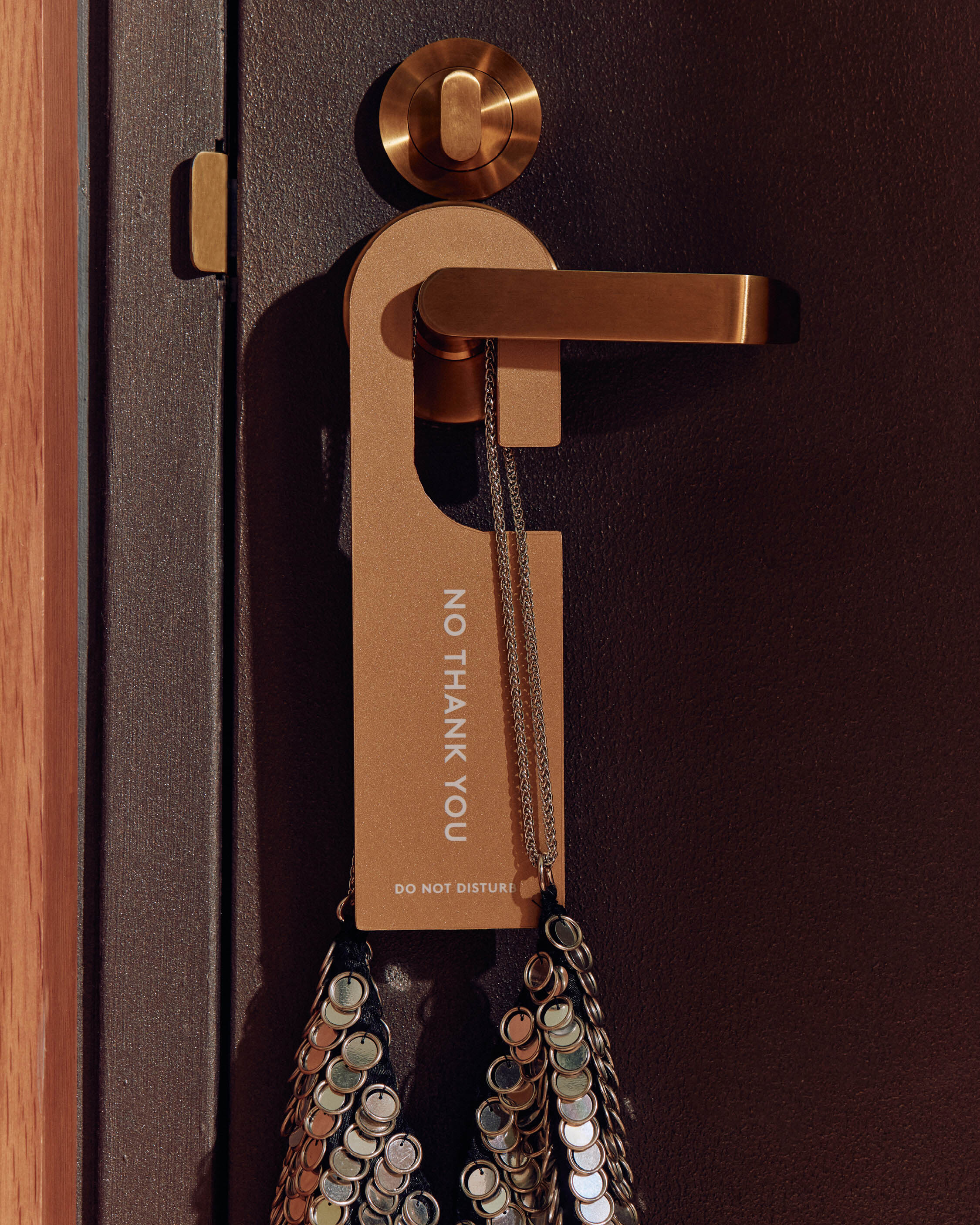 A tan door hanger reading No Thank You on a brass handle alongside a sequin purse against a dark door.