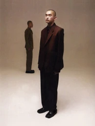 An East Asian male model with a buzz cut poses in a dark brown oversized suit in front of another model on a beige seamless backdrop.