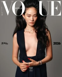 Model Hyunji Shin posing for the Vogue Korea cover wearing a deep-plunge sleeveless black belted garment against a grey backdrop.