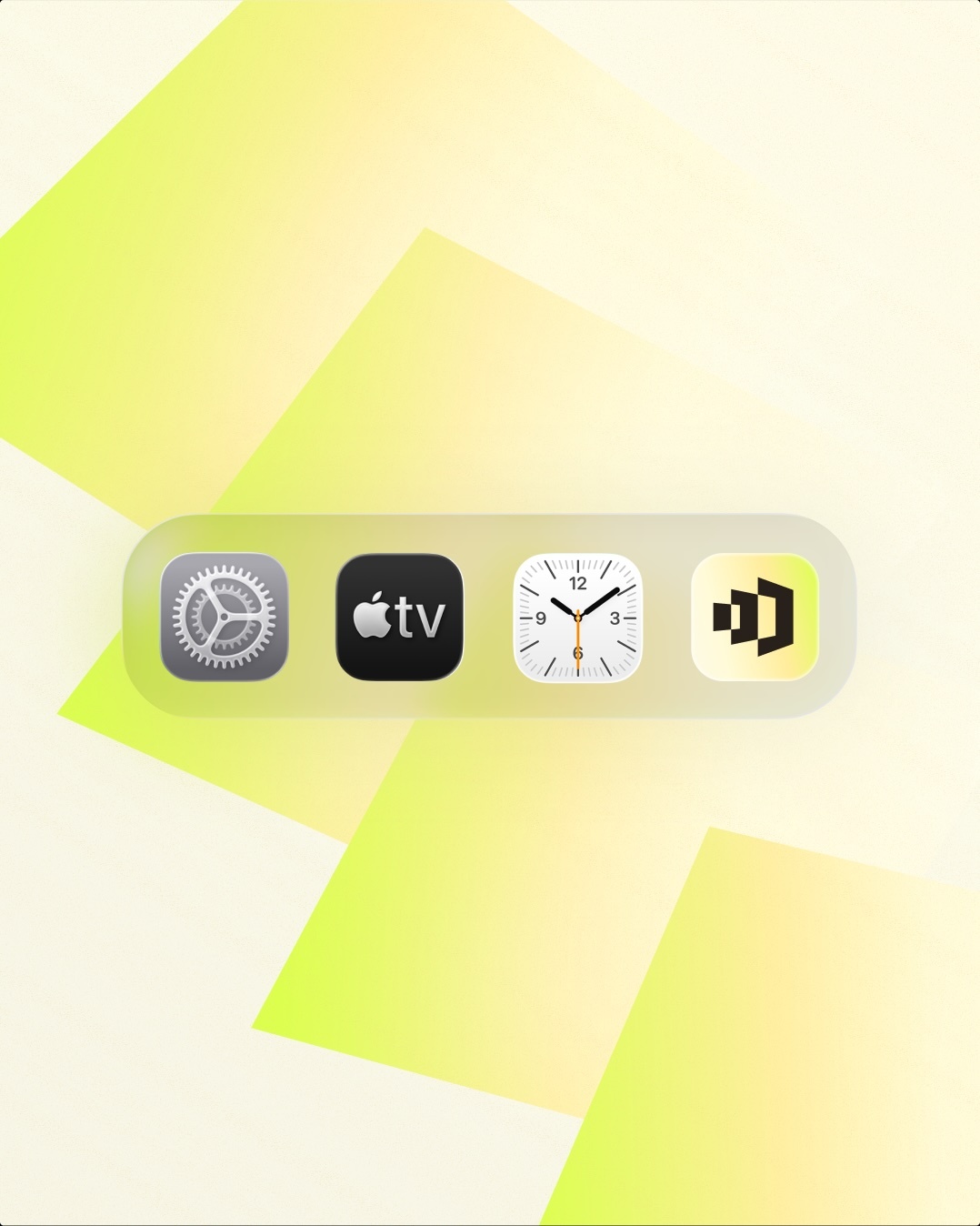 Translucent mobile app dock featuring Settings, Apple TV, Clock, and a yellow geometric app icon against an abstract yellow background.