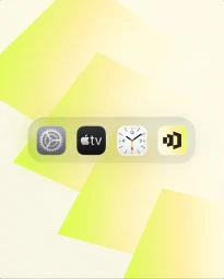 Translucent mobile app dock featuring Settings, Apple TV, Clock, and a yellow geometric app icon against an abstract yellow background.