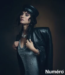Model Rose Bertram wearing a leather cap, chainmail dress, and dark leather jacket for a Numero Netherlands editorial portrait.