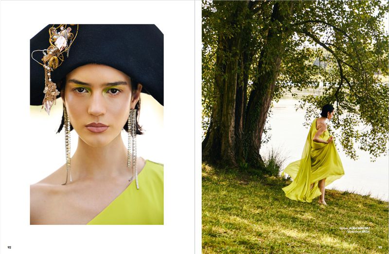 Fashion editorial spread featuring model Rita Santos in a lime green gown, large black embellished hat, and crystal drop earrings.