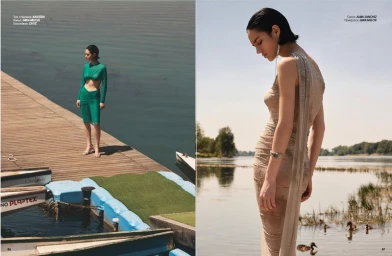 Editorial spread of model Rita Santos wearing a green ruched outfit on a wooden dock and a draped beige gown beside a lake.
