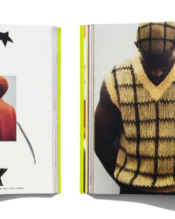 Fashion editorial spread showing a man looking down wearing a yellow and black grid knit sweater vest with matching patterned hair.
