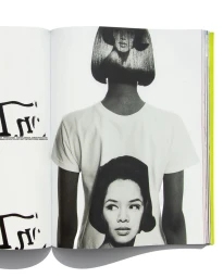 Monochrome magazine spread featuring a surreal portrait of a person in a white graphic t-shirt with a vintage printed portrait.