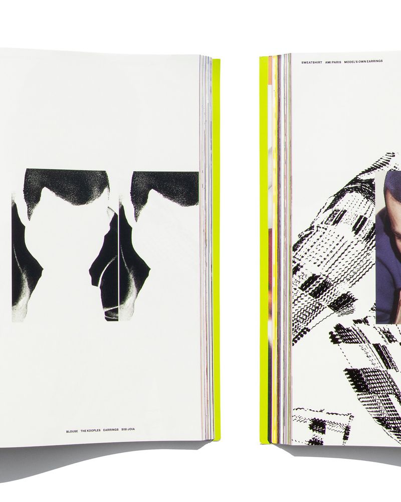 Open editorial magazine spread featuring high-contrast black and white graphic portraits and patterned illustrations.