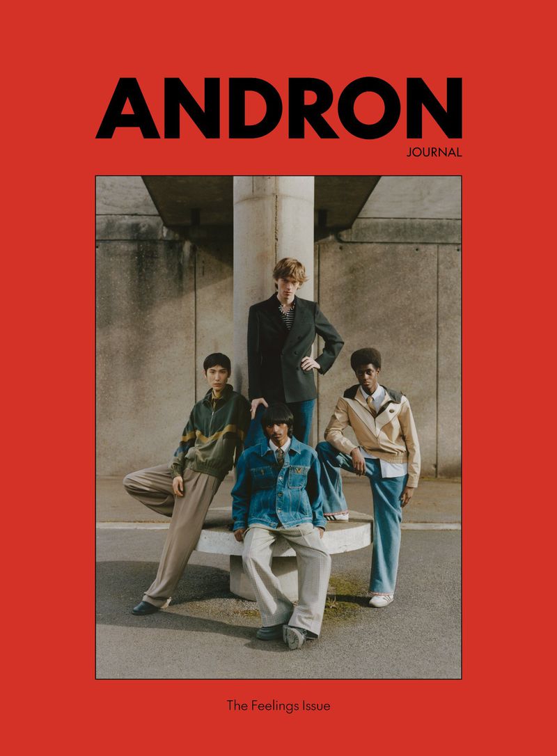 Four male models posing on an architectural concrete structure for Andron Journal Spring 26 covers