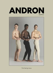 Three male models posing shirtless against a grey studio backdrop for Andron Journal