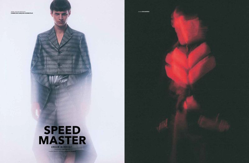 Model Kris Wardak in a cropped grey striped tailored jacket beside a red long-exposure motion blur silhouette for Speed Master.