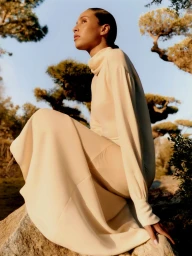 Woman in a long cream turtleneck dress crouched on a rocky outcrop outdoors against pine trees and clear sky