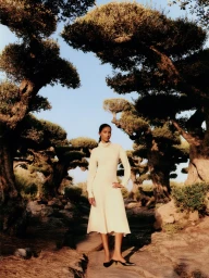 Model wearing a white turtleneck dress standing on a path framed by sculpted trees