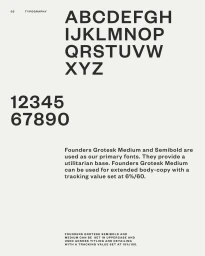 Typography style guide sheet displaying uppercase alphabet and numerals in black bold sans-serif font on an off-white background.