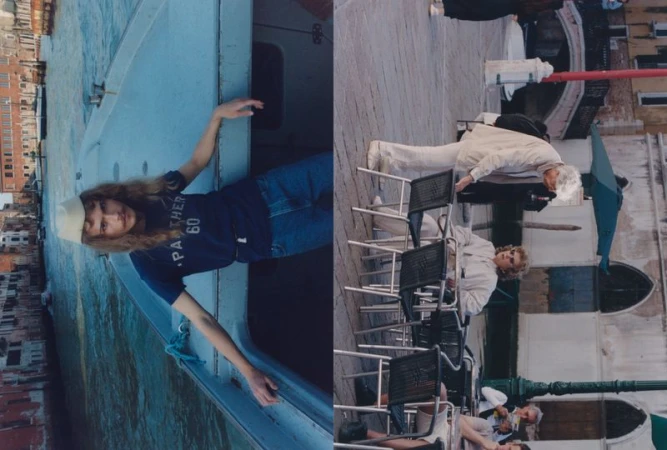 Split-image of a young person on a boat and people seated at a sidewalk cafe in Venice, Italy, on a sunny day.