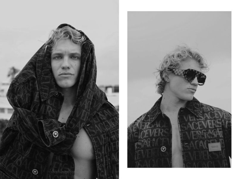 Black and white fashion shots: Young man with blond hair wearing Versace denim jacket and sunglasses against a neutral outdoor background.