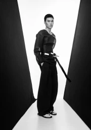 Model Buyant Munkhbat posing in an all-black wide-leg outfit framed between black and white geometric studio panels.