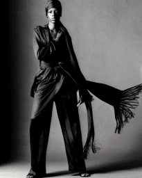 Model Agel Akol in a monochrome draped outfit with a matching headwrap and flowing fringed scarf against a grey background.