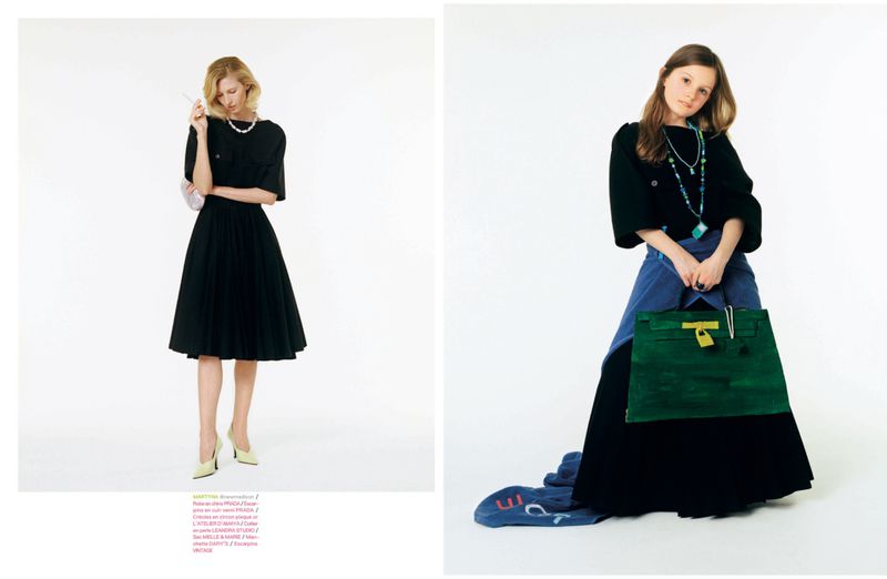 Fashion editorial diptych showing a blonde woman in a black pleated midi dress and a girl in oversized black clothing with a green bag.