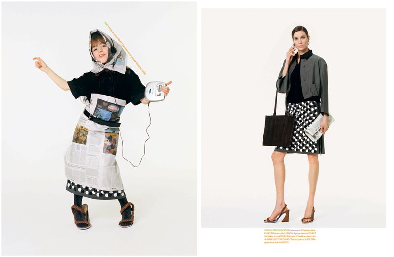 Side-by-side fashion editorial comparing a young girl in newspaper clothing to a woman in a grey jacket and patterned skirt.