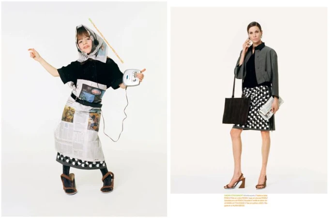 Side-by-side fashion editorial comparing a young girl in newspaper clothing to a woman in a grey jacket and patterned skirt.
