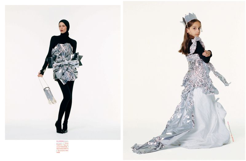 Editorial diptych of a woman in a black bodysuit and silver bow dress beside a young girl in a metallic foil gown on a white background.