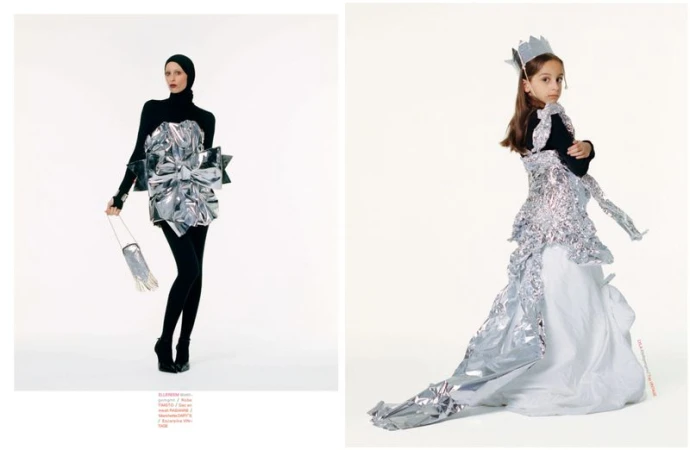 Editorial diptych of a woman in a black bodysuit and silver bow dress beside a young girl in a metallic foil gown on a white background.