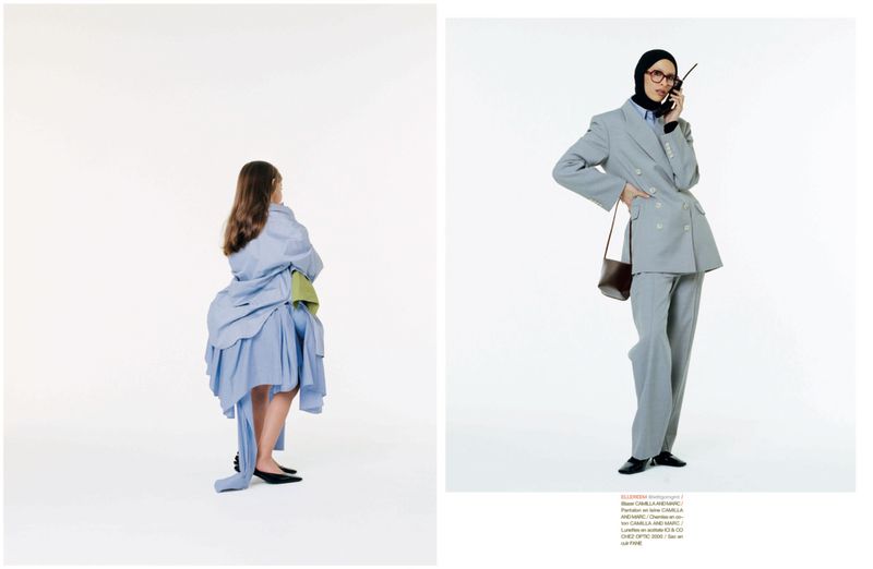 Diptych fashion editorial featuring a model facing away in layered blue shirts beside a model in a grey suit holding a walkie-talkie.