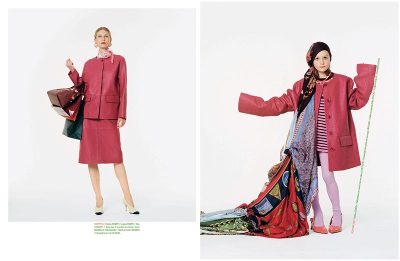 Diptych fashion editorial featuring a woman in a pink leather skirt suit alongside a girl in the oversized jacket draped in scarves.