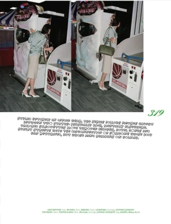 Model Ratner standing by an arcade game machine wearing a sage blouse, beige skirt, and white heels in a magazine editorial spread.