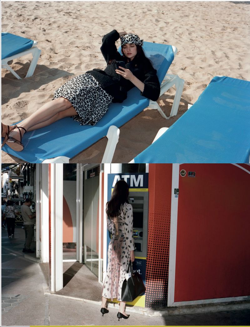 Diptych of model Ratner lounging on a blue beach chair in leopard print and standing at an outdoor ATM in a patterned dress.
