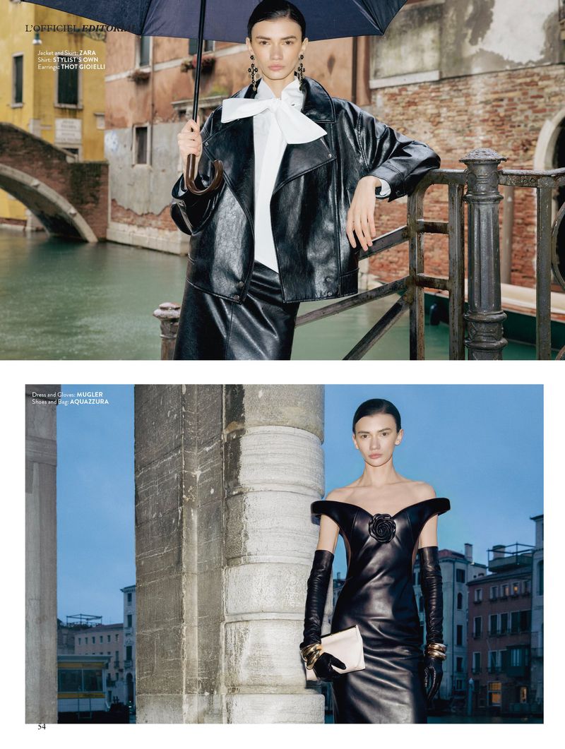 Fashion editorial spread with two photos of a model in black leather garments by Venetian canals holding an umbrella.
