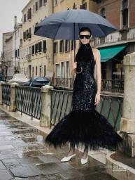 Model wearing a black sequin gown with a feathered hem and dark sunglasses while holding an umbrella beside a canal.