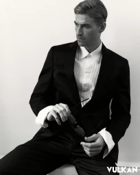 Chad John Payne seated in a black tailored suit and white pleated shirt holding sunglasses against a white background.