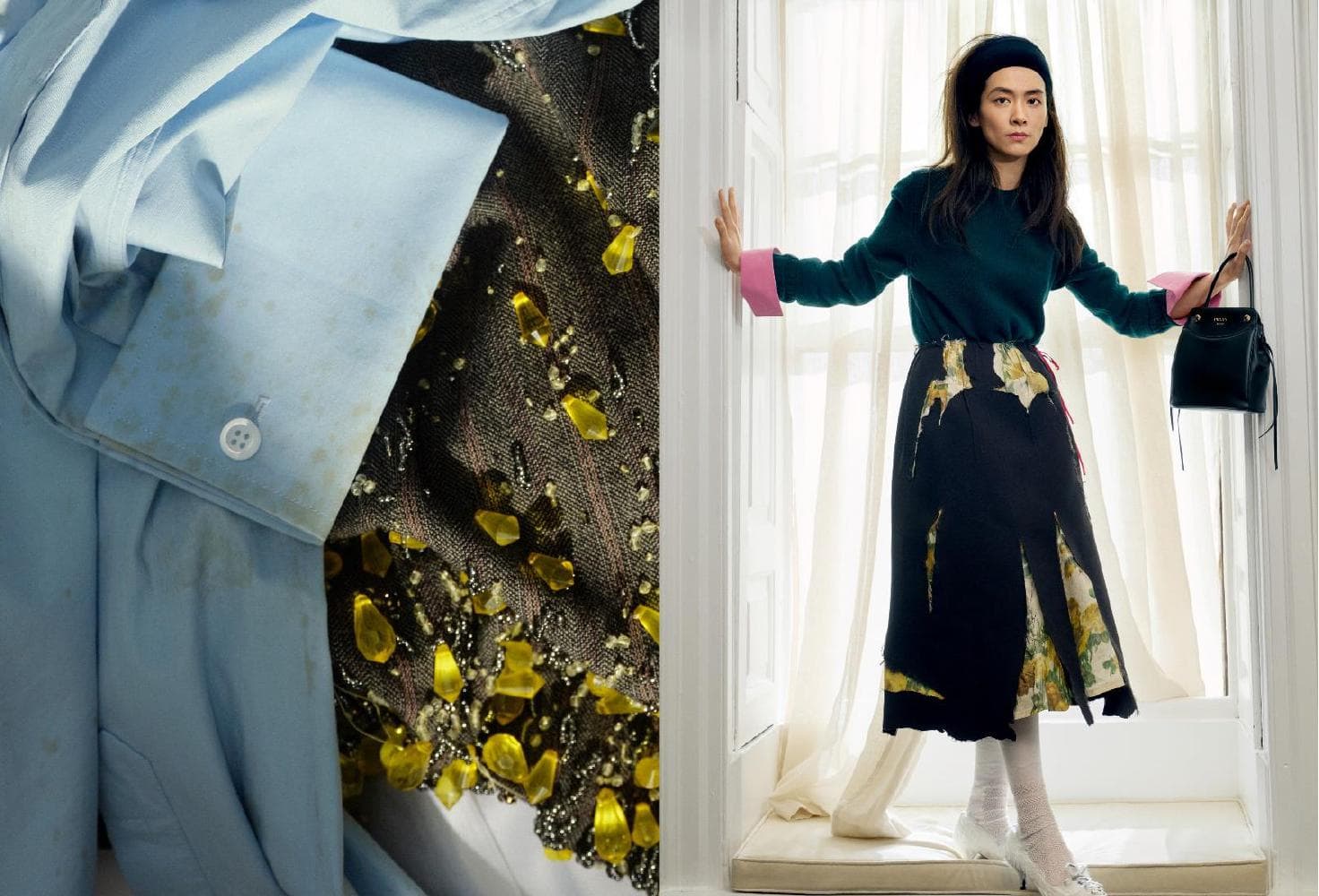 Chen Haoyu wearing a green sweater and patterned skirt next to a close-up of a blue sleeve with crystal embellishments.
