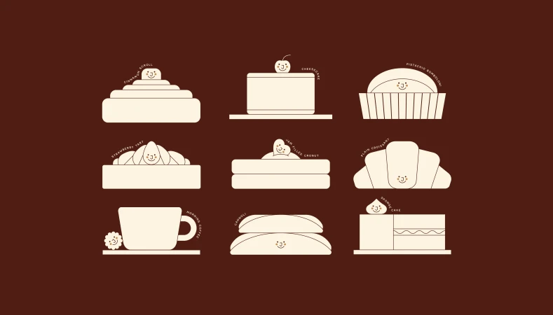 Minimalist cream vector illustrations of pastries, cakes, and coffee with smiling character details on a brown background.