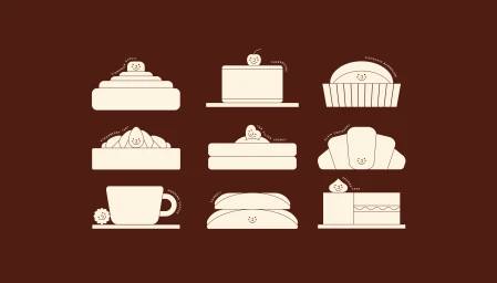 Minimalist cream vector illustrations of pastries, cakes, and coffee with smiling character details on a brown background.