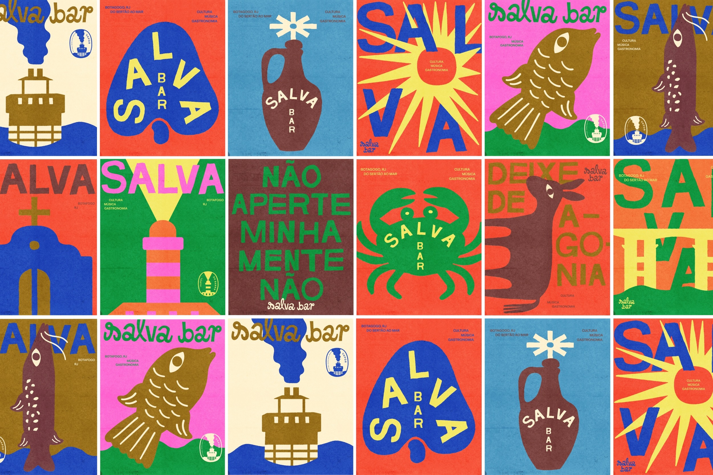 A vibrant grid of colorful illustrated posters and graphic designs with coastal motifs and typography for Salva Bar.