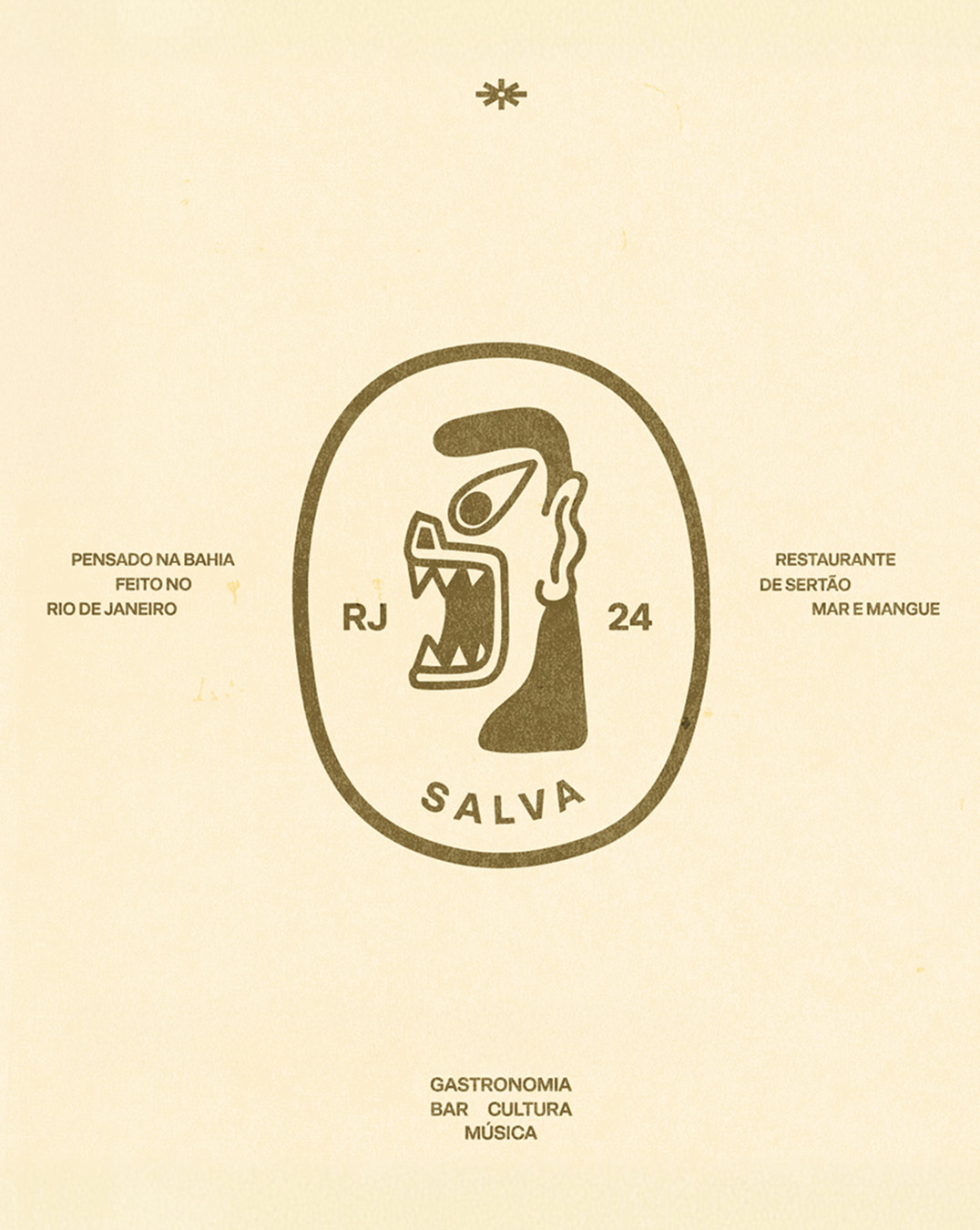 Graphic brand identity layout for Salva Bar featuring a stylized folk face illustration inside an oval emblem on cream paper.