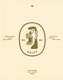 Graphic brand identity layout for Salva Bar featuring a stylized folk face illustration inside an oval emblem on cream paper.