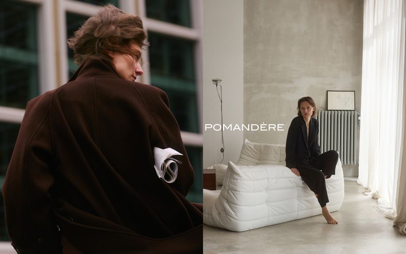 Split composition featuring model Tanya Ruban in an oversized dark brown coat and seated on a white sofa in a black suit for Pomandère.
