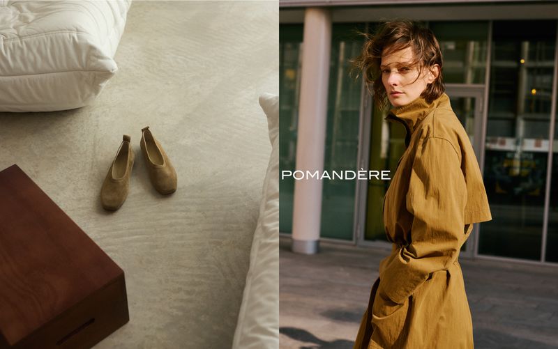 Diptych with tan suede flat shoes on a floor beside a wooden box, and model Tanya Ruban wearing a mustard trench coat.